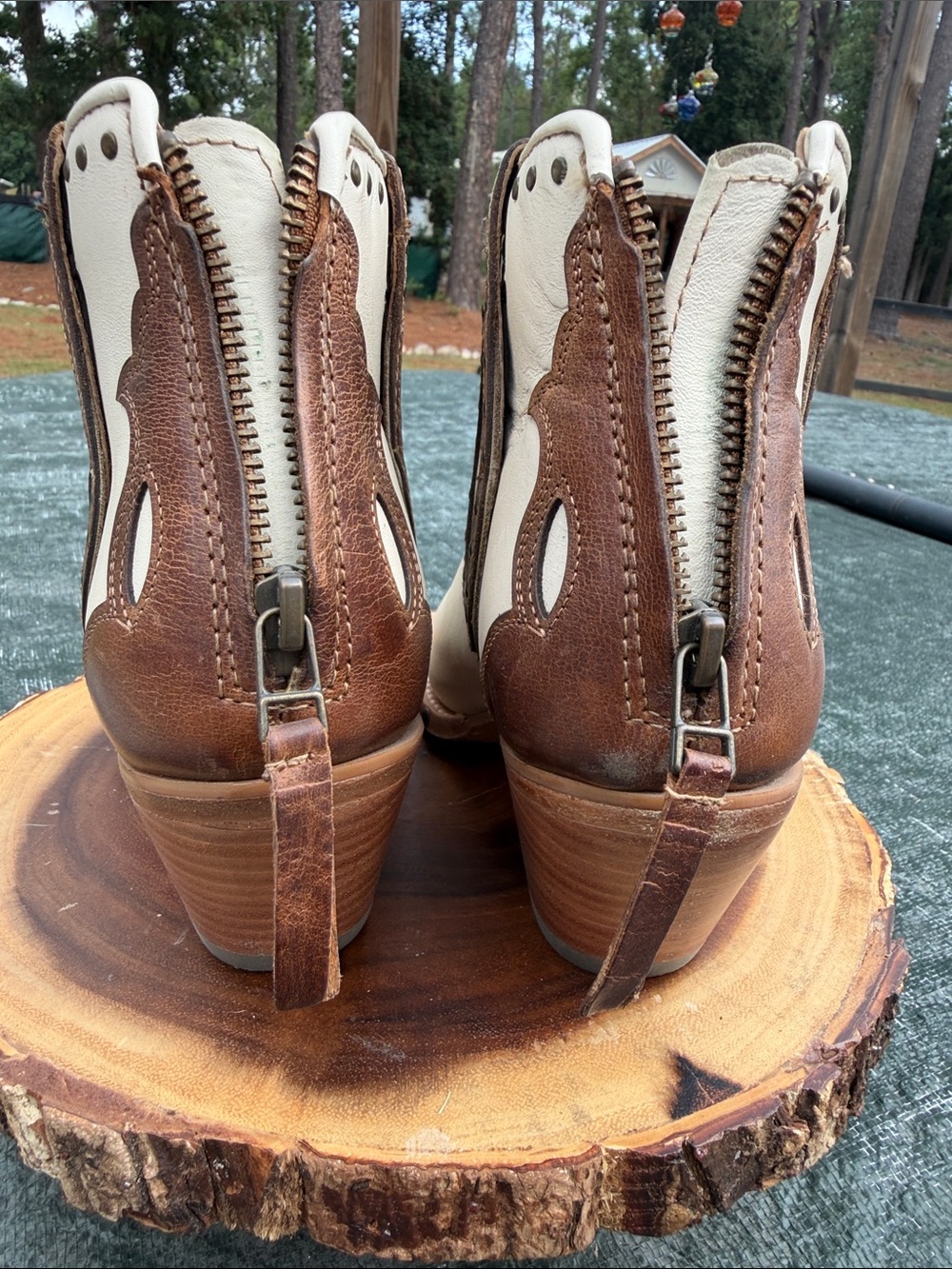 Women's Cream and Brown Western Ankle Boot - Picture 4 of 6